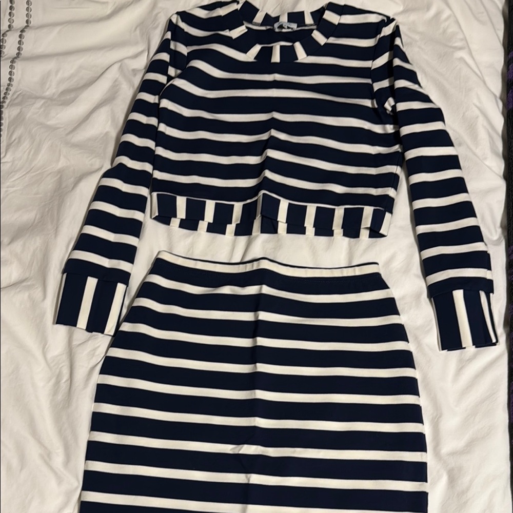 Marabelle Navy and White Striped Crop top and Skirt